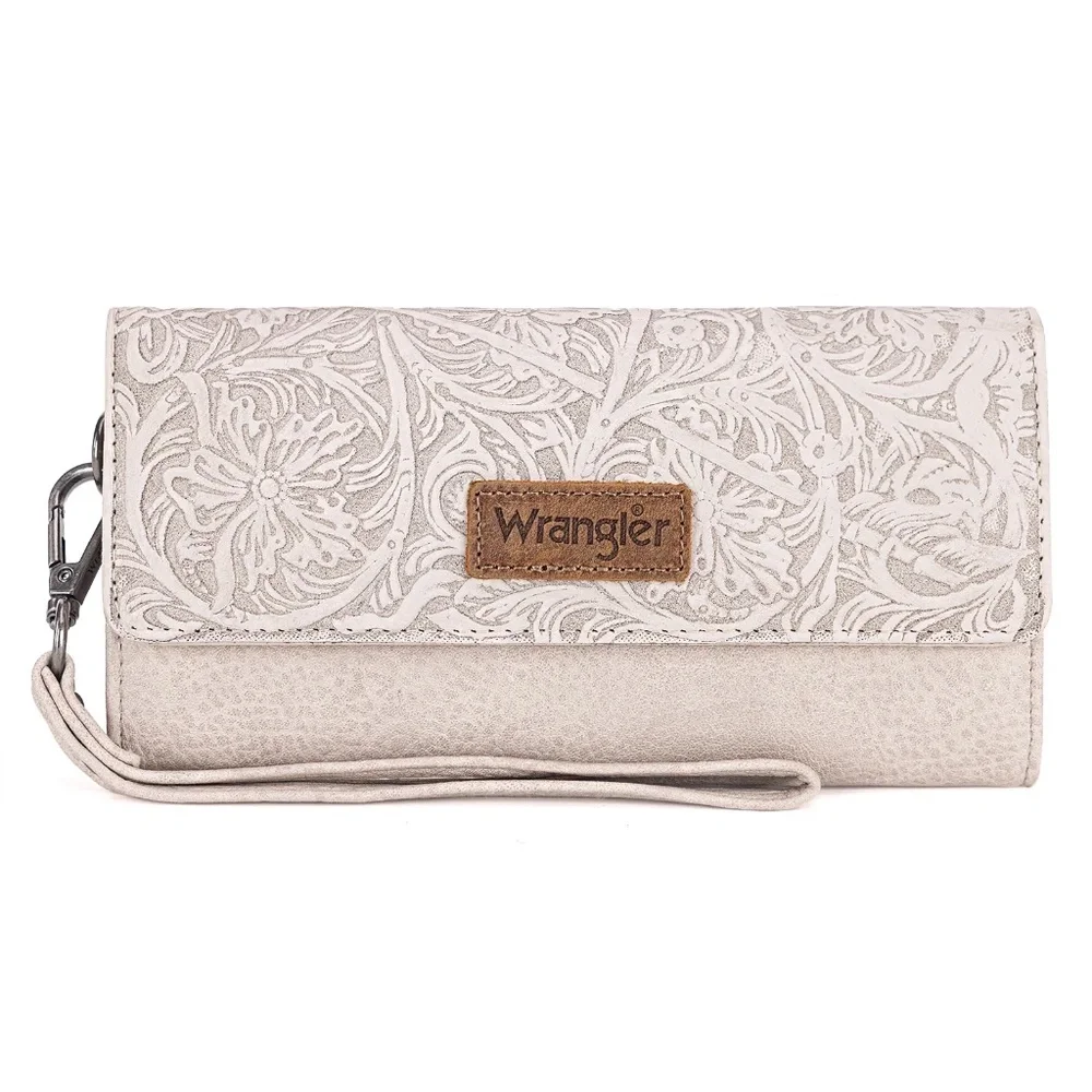 Wrangler Western Floral Tooled Tri-fold RFID Wallet/Wristlet Beige
